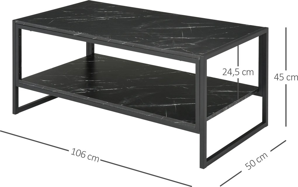 Mesa de centro de estilo moderno com 2 prateleiras 106 x 50 x 47 cm Preto