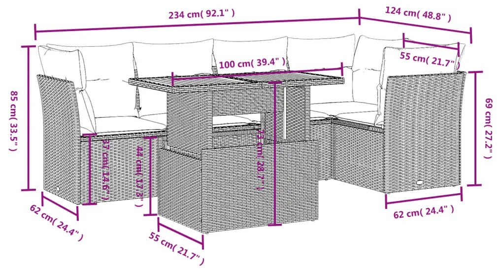 5 pcs conjunto sofás de jardim c/ almofadões vime PE cinzento