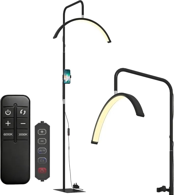 Candeeiro de Pé Meia Lua com Cabeça Giratória 350° 7 Temperaturas de Cor Brilho Ajustável Suporte para Telemóvel Preto