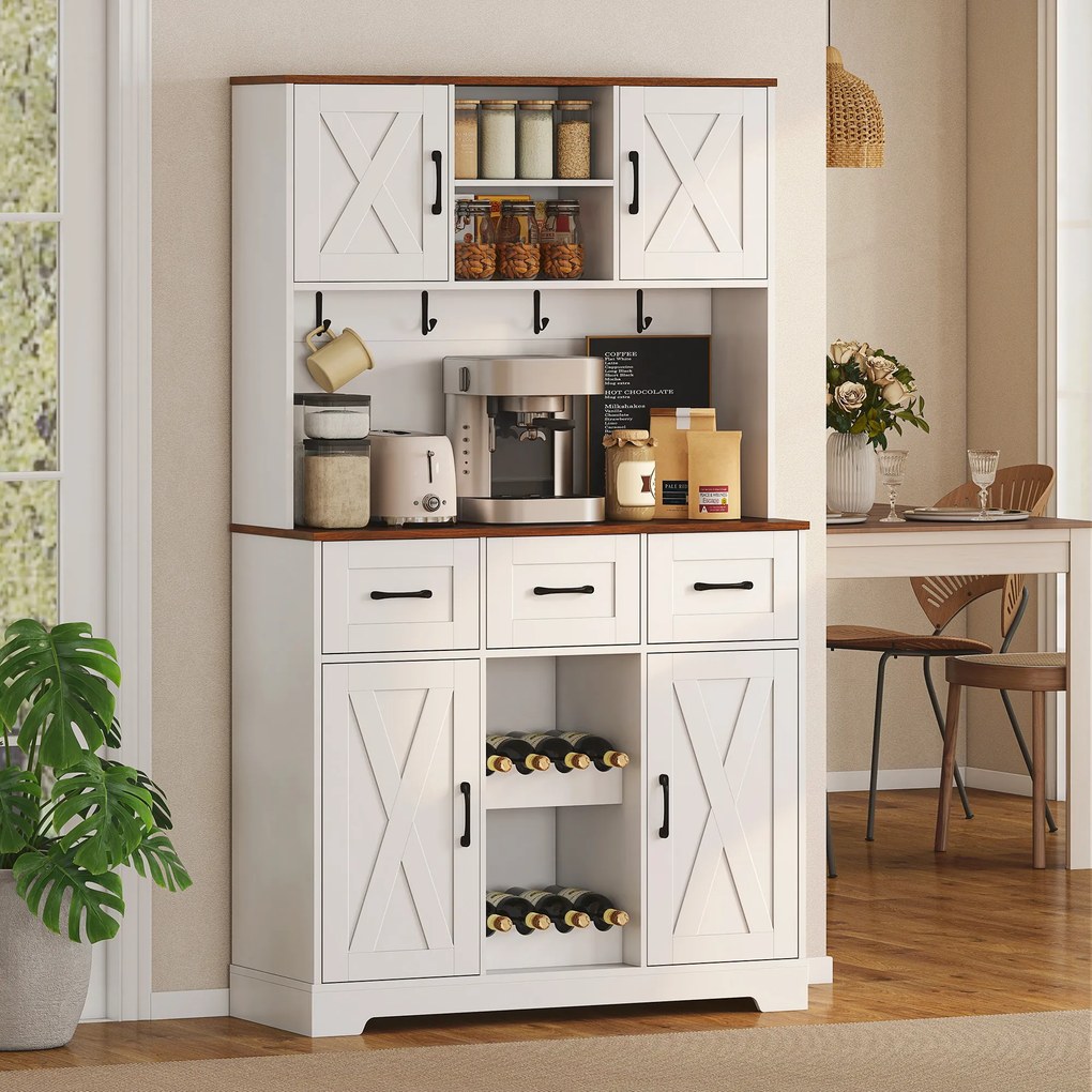 Amário de Cozinha Alto com Suporte para 8 Garrafas 4 Portas 3 Gavetas Prateleiras Abertas100x38x172 cm Branco