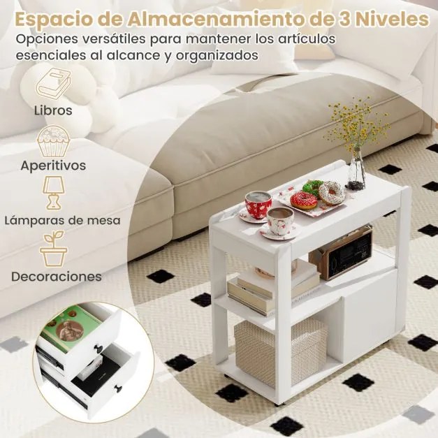 Mesa Lateral para Sofá ou Mesa de Cabeceira 65 x 30 x 62 cm com 2 Gavetas e Prateleiras Abertas com Rodas para Sala Branco