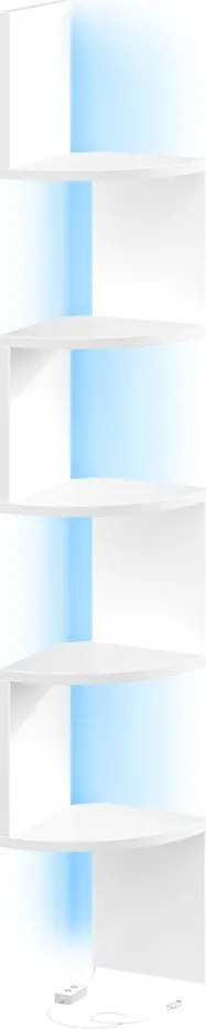 Prateleira de canto com iluminação LED 20 x 20 x 126 cm, estante de parede com 5 prateleiras, comando à distância branca