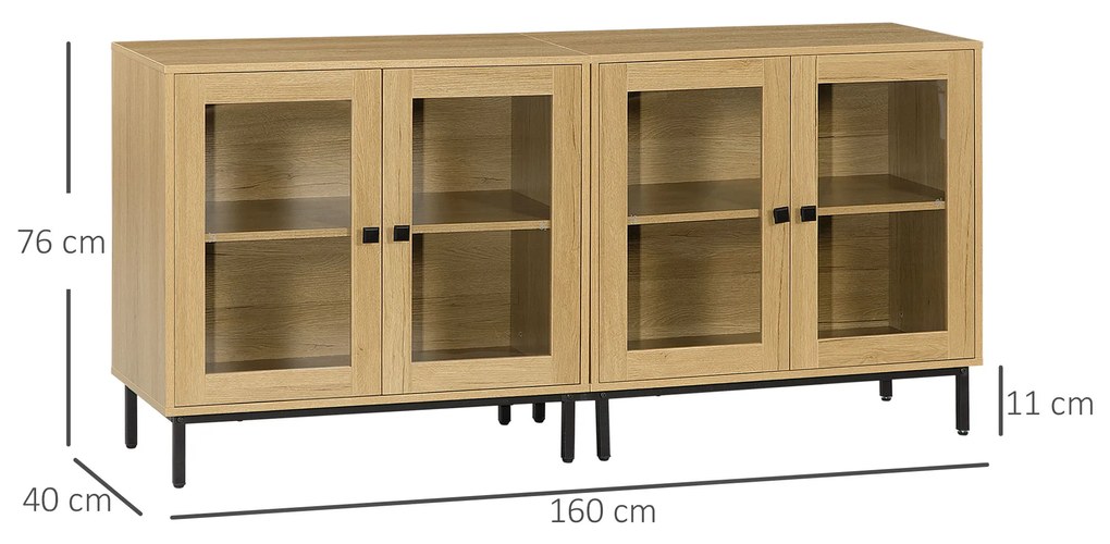 HOMCOM Conjunto de 2 Aparadores de Cozinha Aparador para Sala de Estar com Portas de Vidro e Pés de Metal para Sala de Jantar Dormitório 160x40x76cm Carvalho e Preto