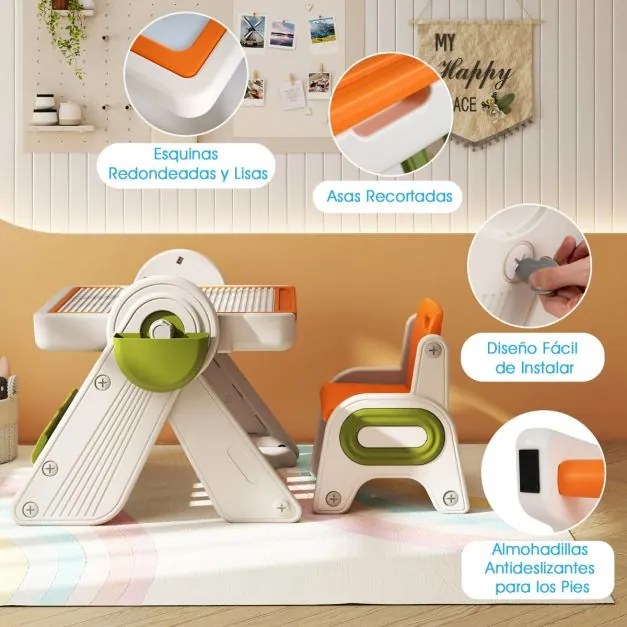 Conjunto de mesa e cadeira para crianças 6 em 1 Multi-atividade Cavalete dobrável para crianças com superfície reversível e ranhura laranja
