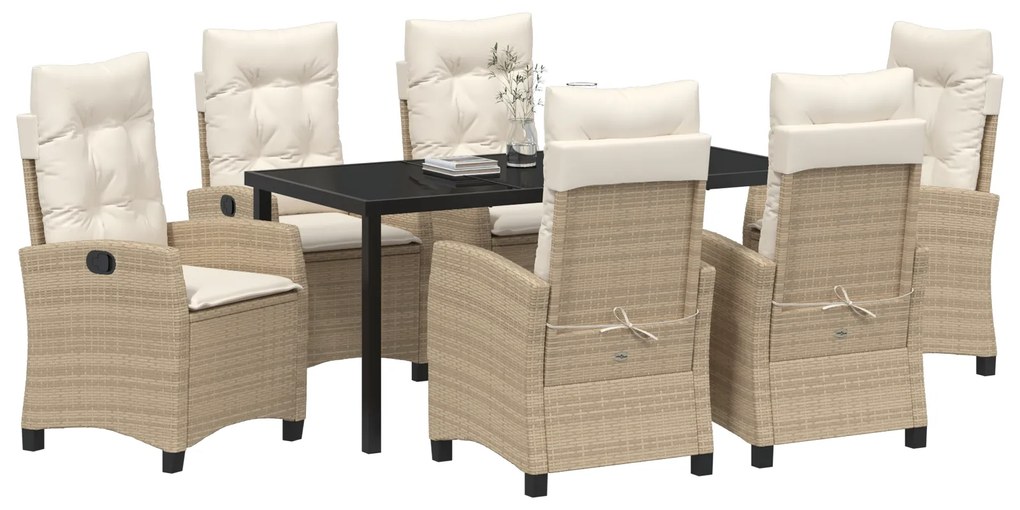 Conjunto de Jantar de Jardim de 7 Peças com Almofadas Bege Vime Poliés