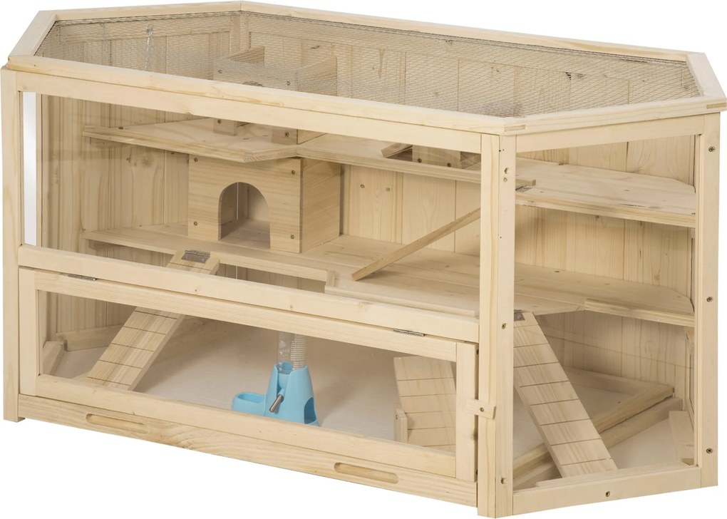 Gaiola para hamsters com 3 níveis, balancins, janelas, casinhas, tabuleiro deslizante, 115 x 60 x 55 cm, efeito de madeira natural