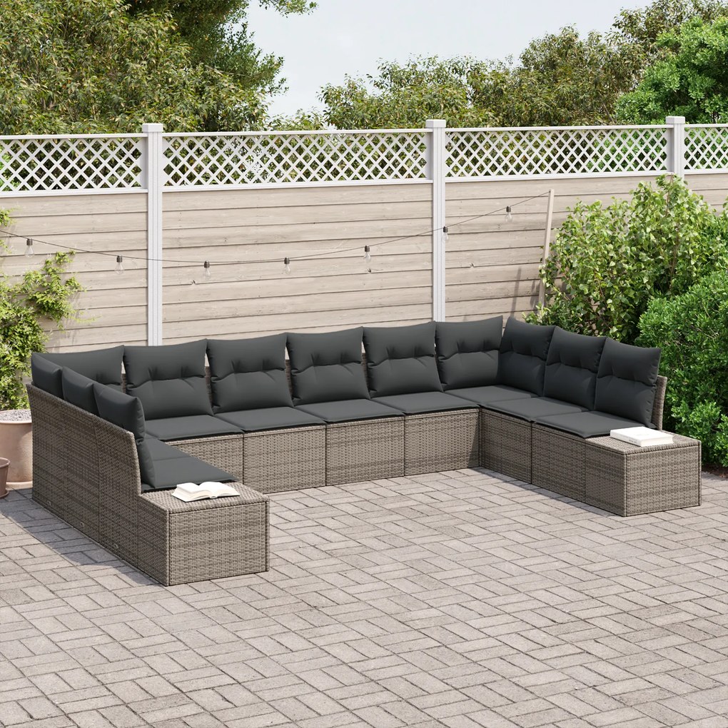 Conjunto de Sofás de Jardim de 10 Peças com Almofadas Cinzento Vime PE