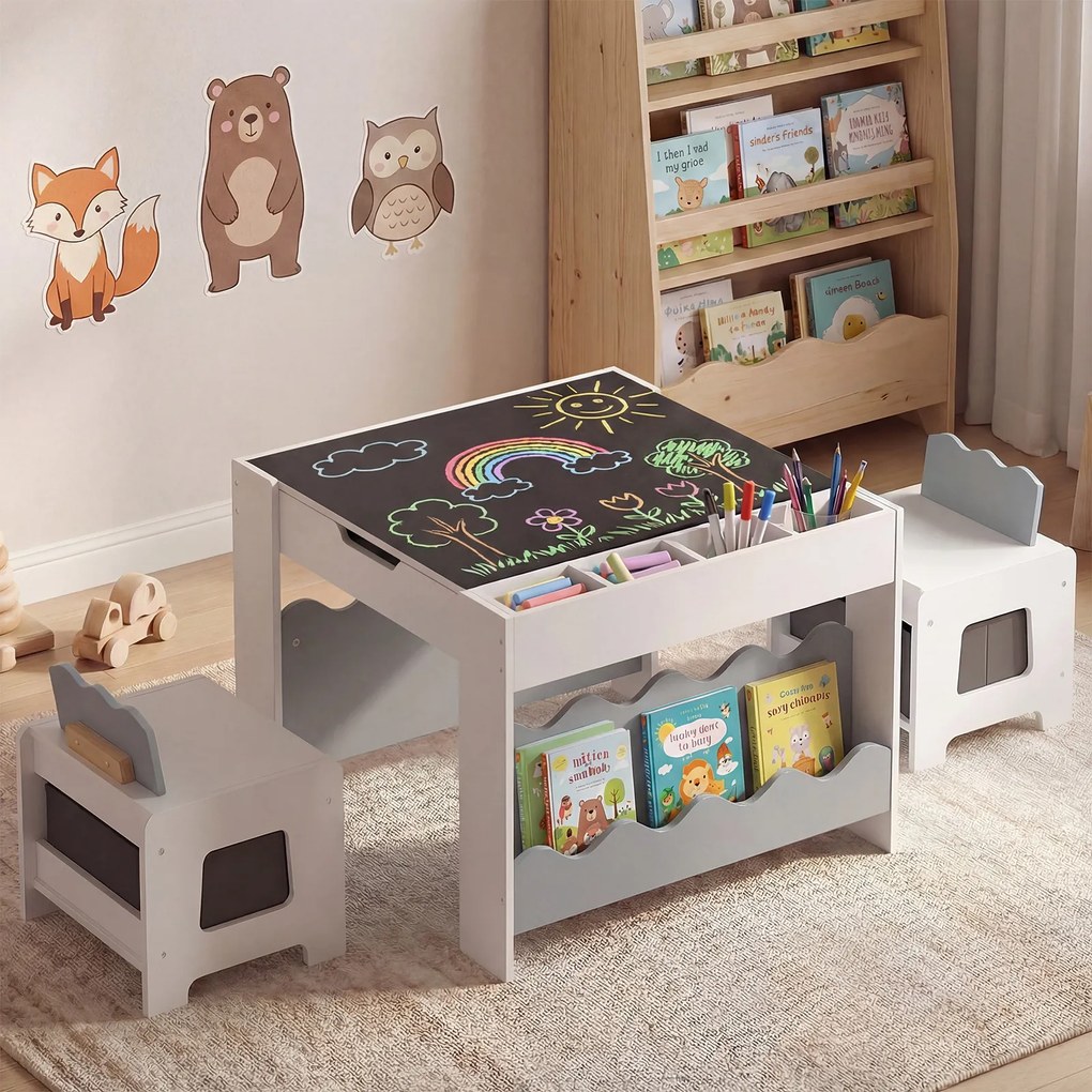 Conjunto de Mesa Infantil e 2 Cadeiras, 66 x 64 x 48 cm, Tampo Reversível, Cinzento
