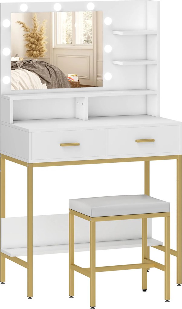 HOMCOM Toucador de Maquilhagem com Luz e Banco Mesa de Maquilhagem com 2 Gavetas e Prateleiras Estilo Moderno para Quarto Branco | Aosom Portugal