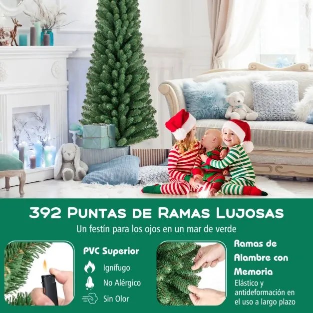 Árvore de Natal Artificial 180 CM forma Lápis com 392 pontas de ramos Base de fio de memória Base de metal Decoração de árvore fina Verde
