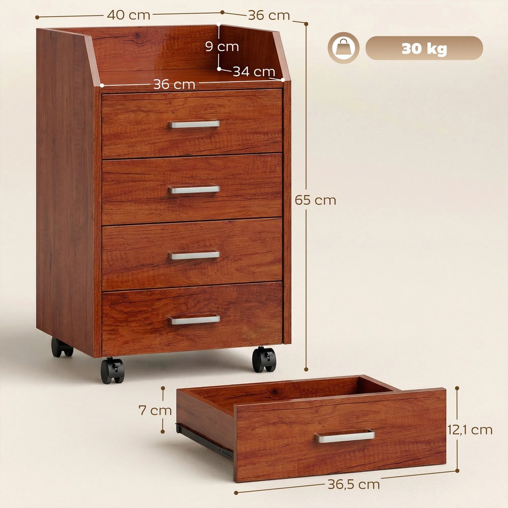 Bloco de Gavetas de Escritório com Rodas 4 Gavetas Organizador Móvel 40x36x65 cm Castanho