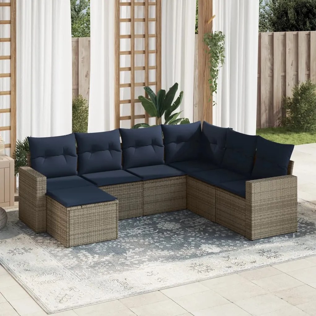 vidaXL 7 pcs conjunto sofás p/ jardim c/ almofadões vime PE cinzento