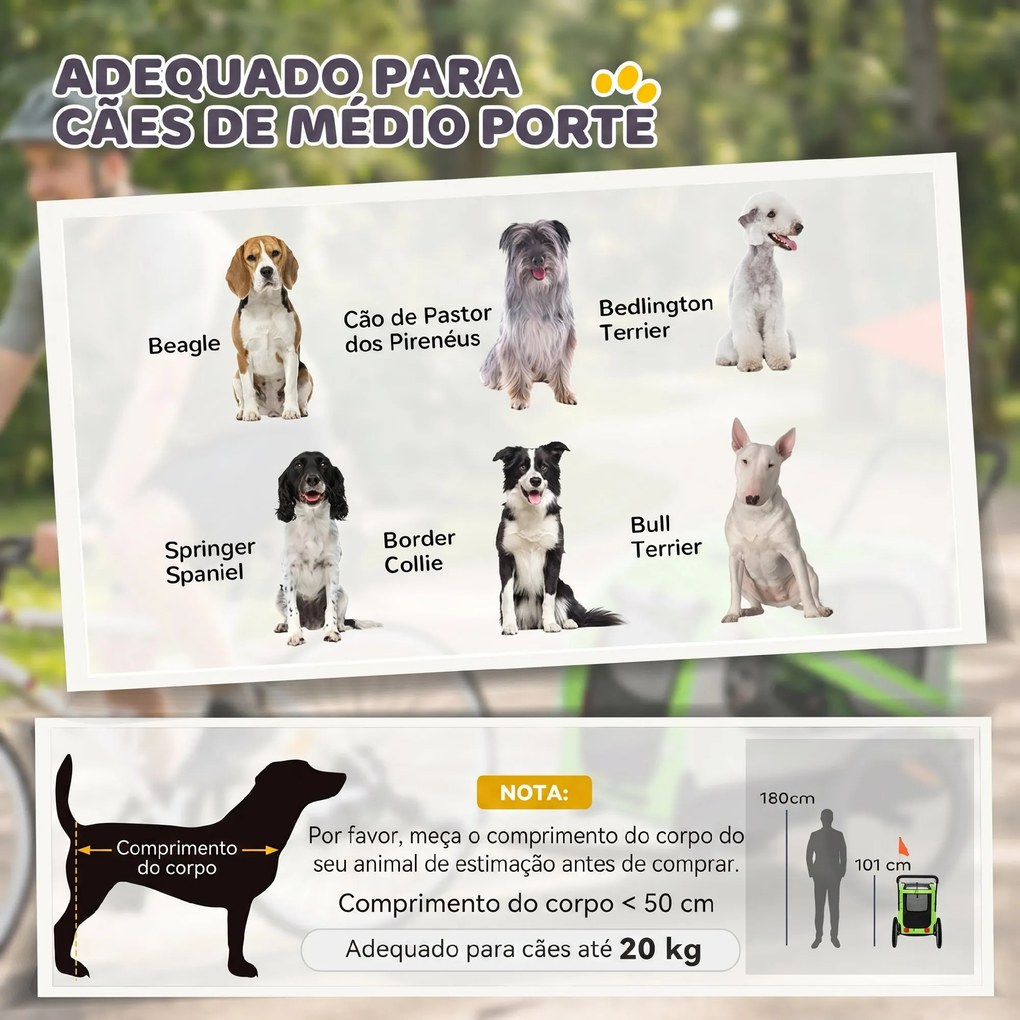 Reboque de Bicicleta para Cães 2 em 1 com Carrinho de Transporte, Refletores e Bandeira de Segurança, Verde