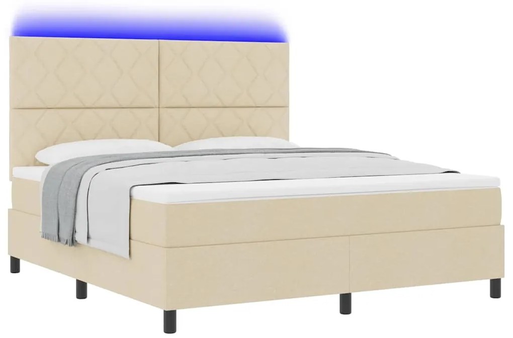 Cama com colchão e luz LED, creme - 180 x 200 cm. Feita de tecido.