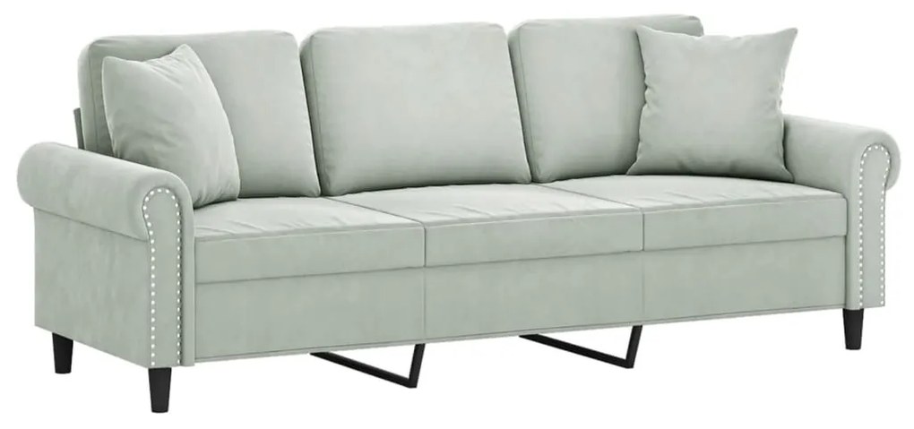 Sofá 3 lugares + almofadas decorativas 180cm veludo cinza-claro