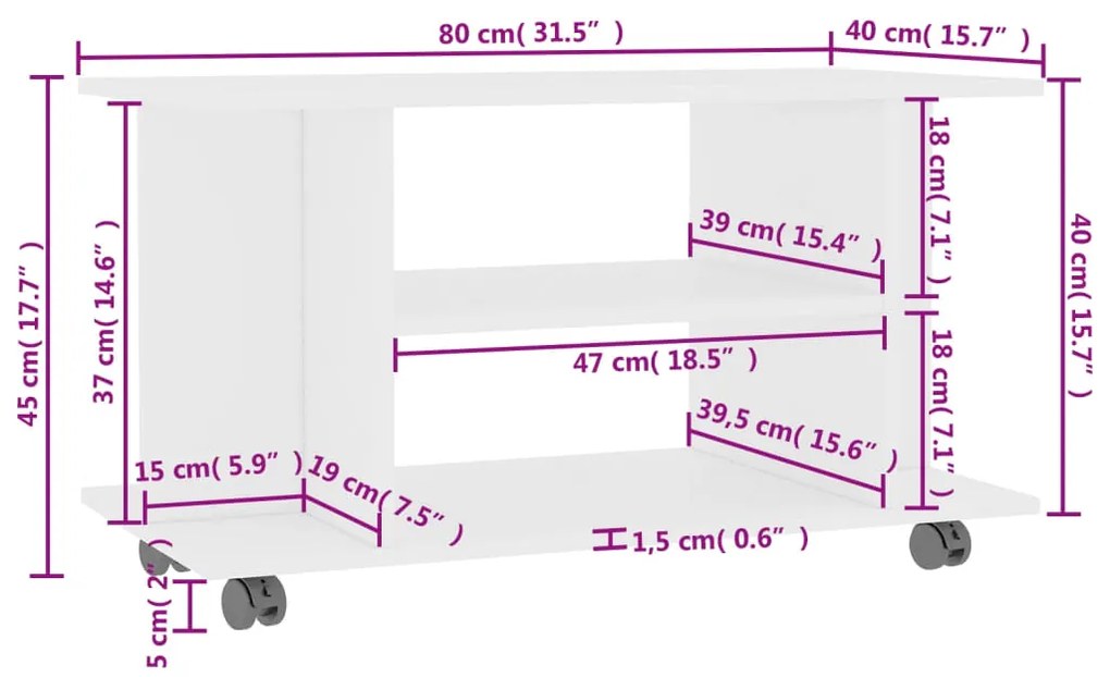 Móvel de TV com rodas 80x40x45 cm deriv.madeira branco