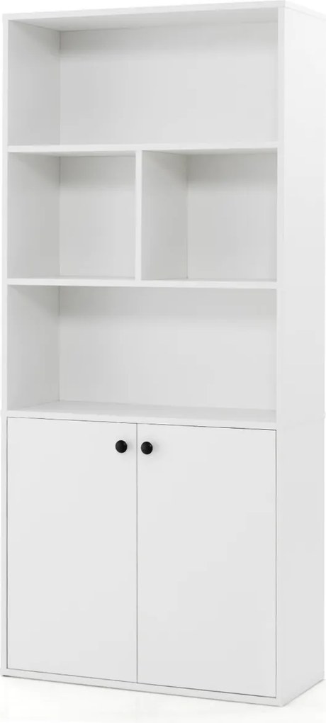 Estante de 5 níveis 70 x 29,5 x 155 cm com portas duplas, cubos abertos e prateleira ajustável 155 cm para sala, quarto, escritório Branco
