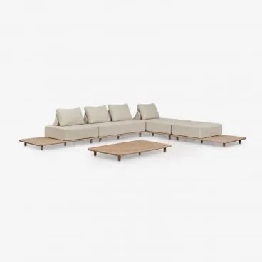 Conjunto De Sala Com Sofá Modular Chaise Longue De 4 Peças Com Mesa Auxiliar E Mesa De Centro 160x95 Cm Em Acácia Portet Marrom Acácia Claro - Sklum
