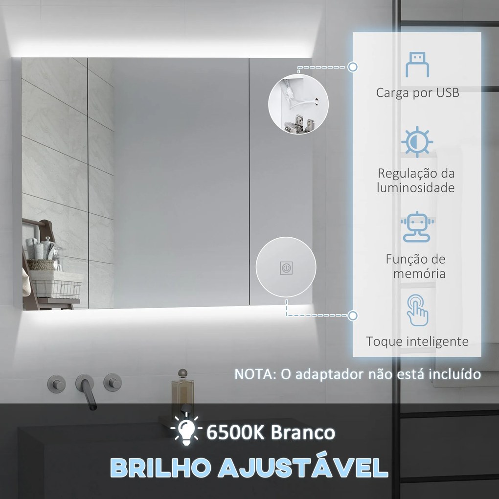 Armário Casa de Banho "Lumi" – com Espelho, Luz LED e USB – 90x15x75 c