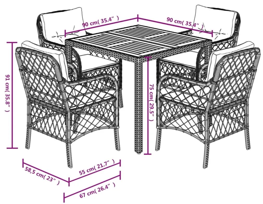 5 pcs conjunto de jantar p/ jardim c/ almofadões vime PE cinza