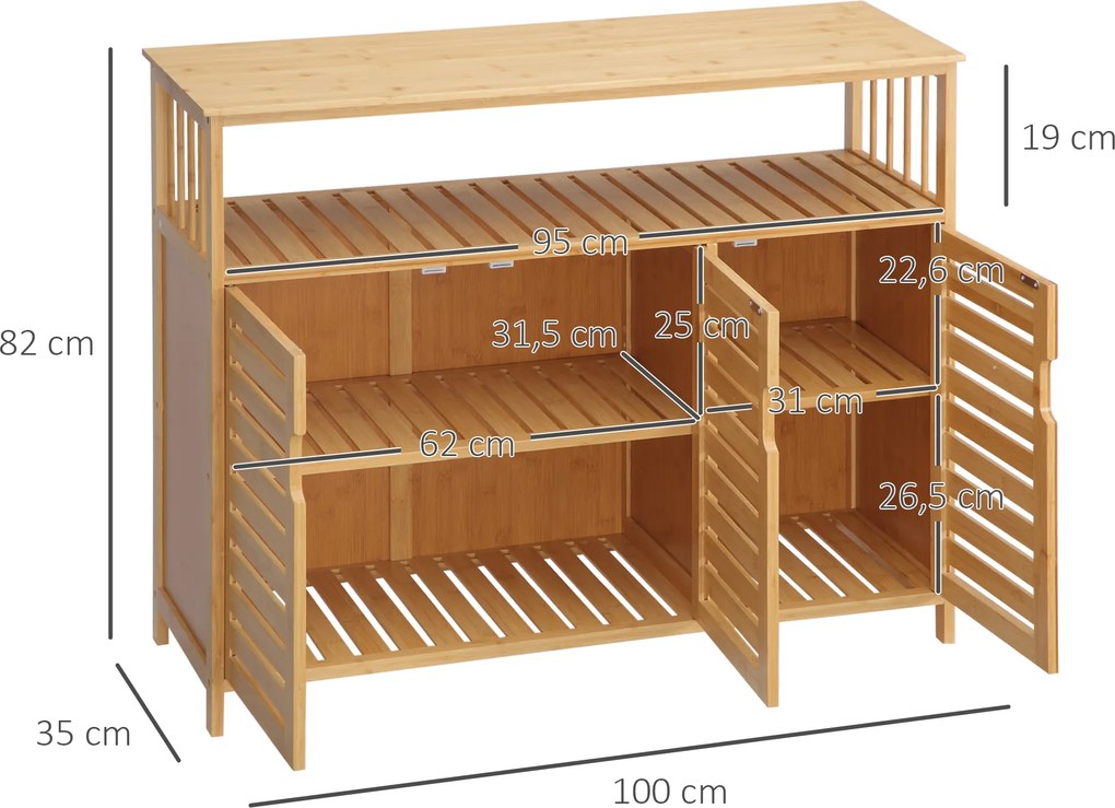 Aparador de 3 Portas Aparador em Bambu com Estantes para Sala de Jantar Cozinha Entrada 100x35x82 cm Madeira