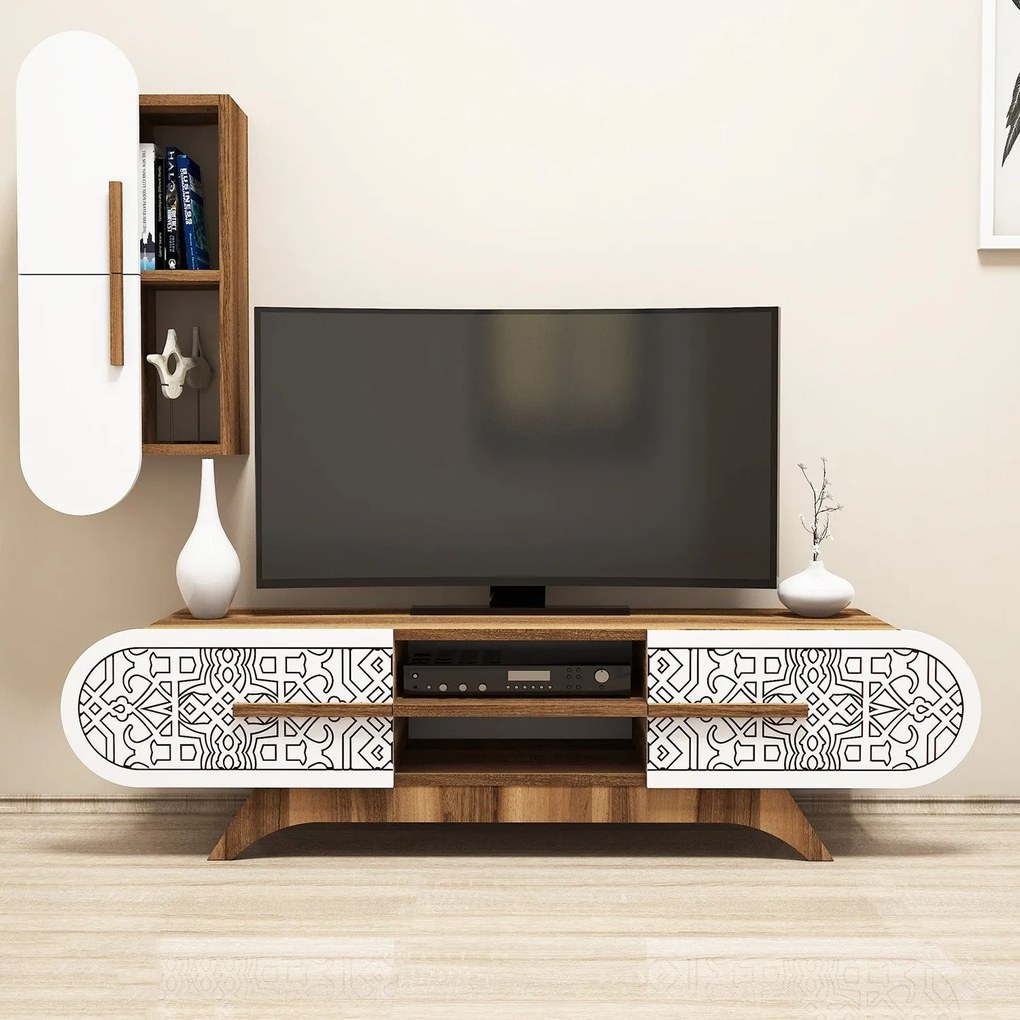 Móvel TV Defne – Nogueira/Branco – 145x37x35 cm