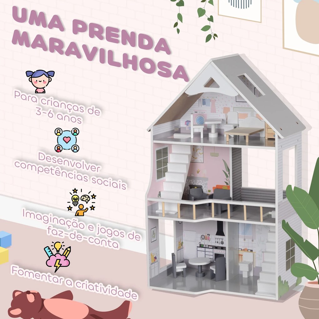 AIYAPLAY Casa de Bonecas com Móveis e Acessórios Casa de Bonecas de Ma