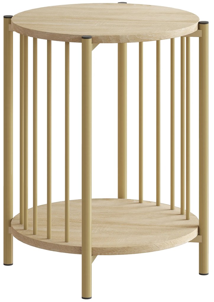 Mesa Lateral Redonda de 2 Níveis com Prateleira de Armazenamento e Estrutura de Aço para Sala e Quarto Ø41x49 cm Madeira