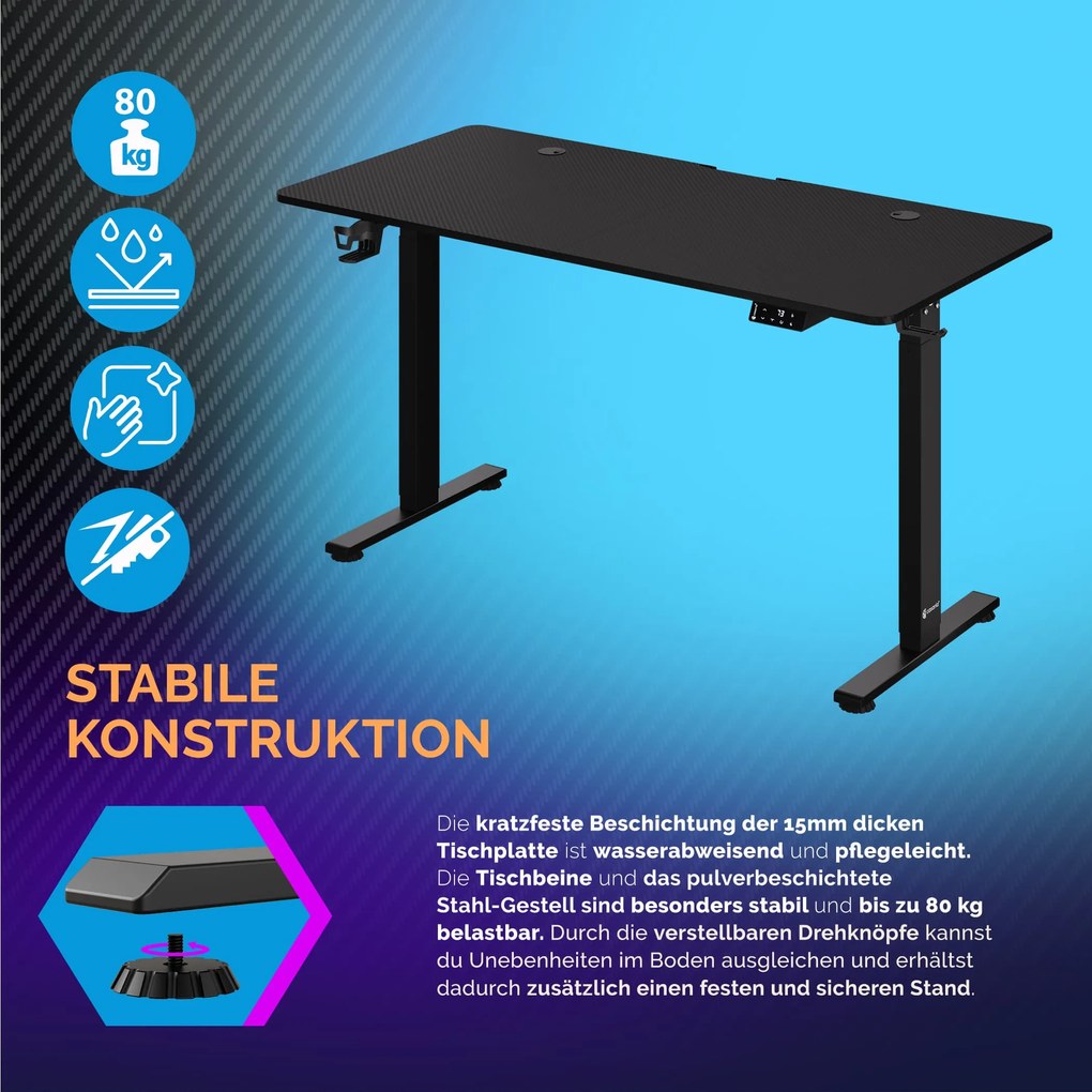 Secretária elétrica regulável em altura 140x60x73-118cm preta