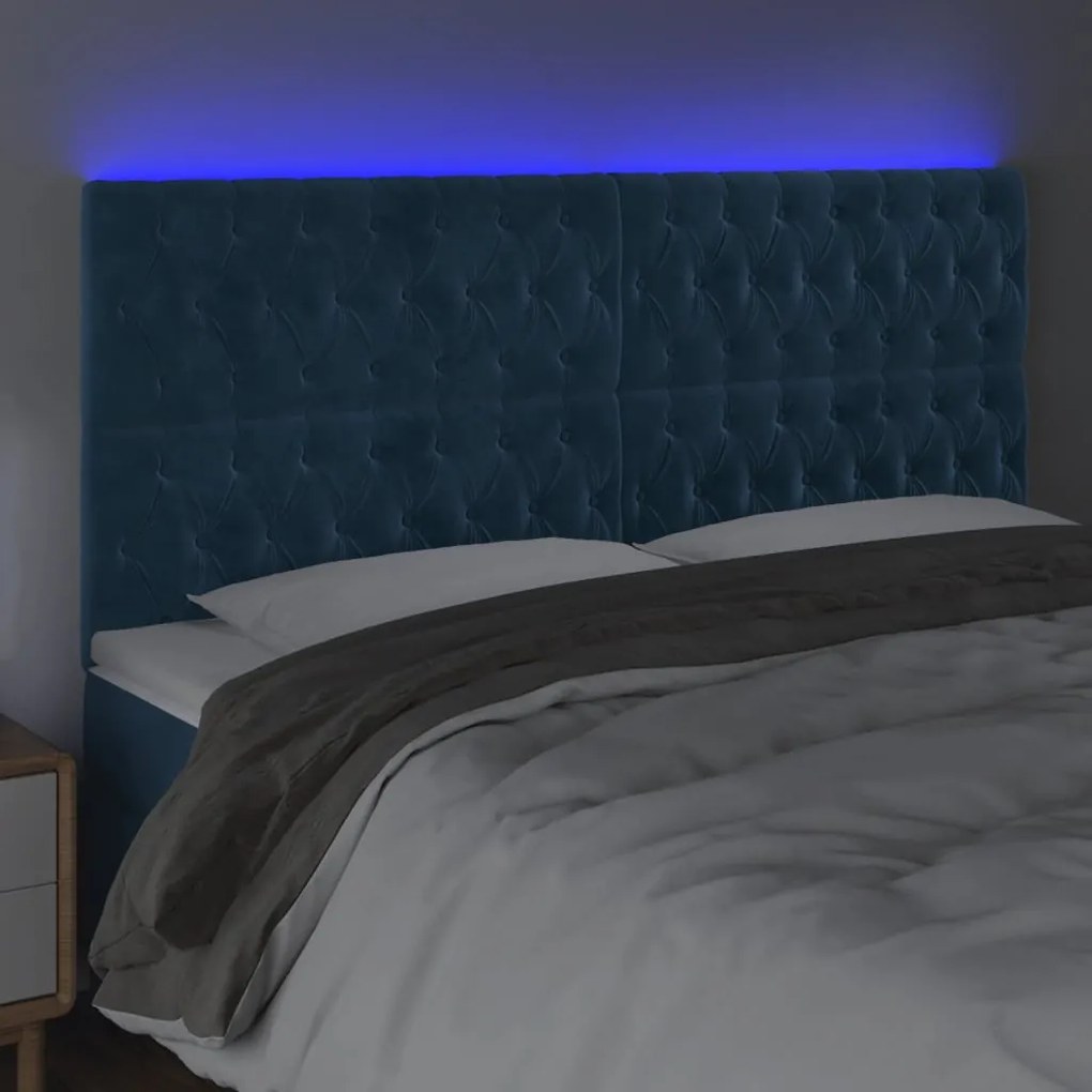 Cabeceira cama c/ luzes LED veludo 200x7x118/128cm azul-escuro