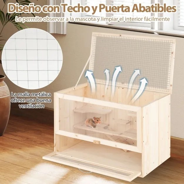 Gaiola de madeira para hamsters com tampa de malha rebatível, várias áreas para escalar, rampa, painel acrílico, porta com fechadura castanha