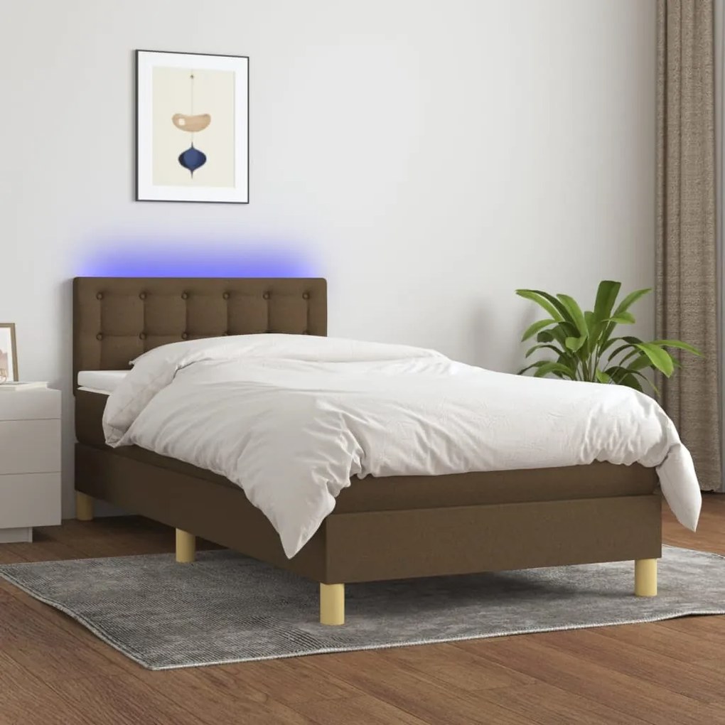 Cama box spring c/ colchão/LED 100x200cm tecido castanho-escuro