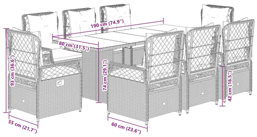 9 pcs conjunto de jantar p/ jardim c/ almofadões vime PE cinza