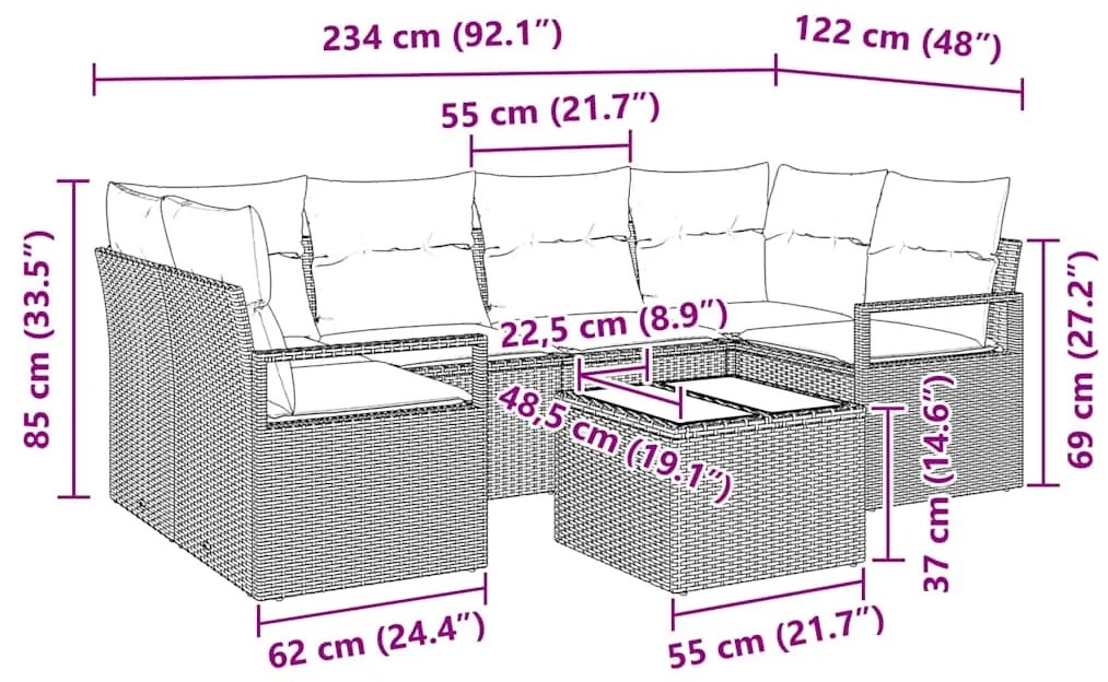 Conjunto de Sofá de Jardim vidaXL 7 Peças com Almofadas Castanho Polir
