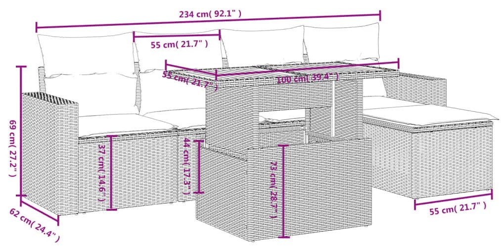 6 pcs conjunto de sofás p/ jardim com almofadões vime PE bege