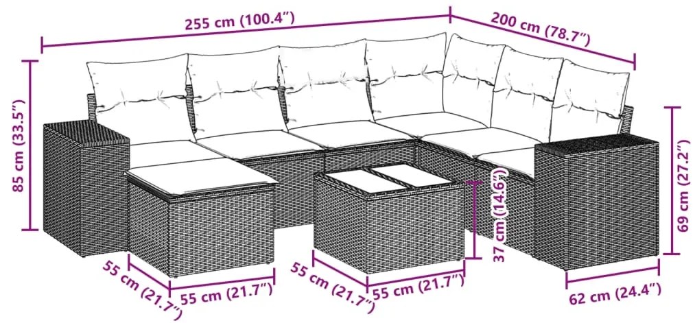8 pcs conjunto sofás de jardim com almofadões vime PE preto