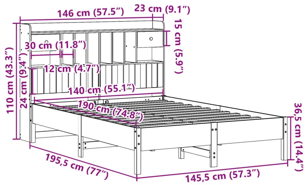 Cama com estante sem colchão 140x190 cm pinho maciço branco