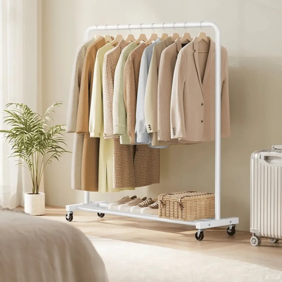 Guarda roupa cabideiro 38 x 110 x 141,5 cm com rodas para arrumação flexível, branco mate