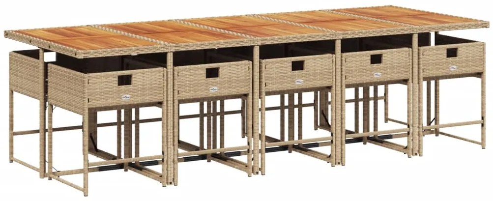 11 pcs conjunto de jantar p/ jardim com almofadões vime PE bege