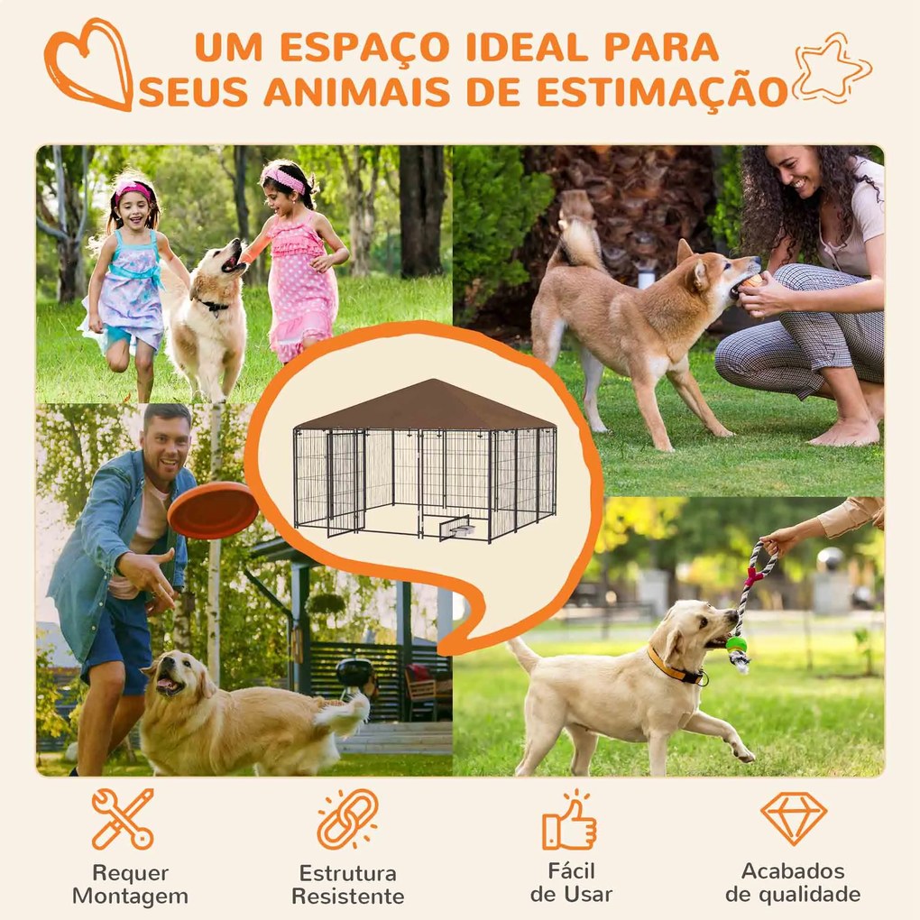 Canil para Cães com Toldo Canil para Exterior com Suporte Giratório para Comida 2 Tigelas 211x211x151 cm Preto e Castanho