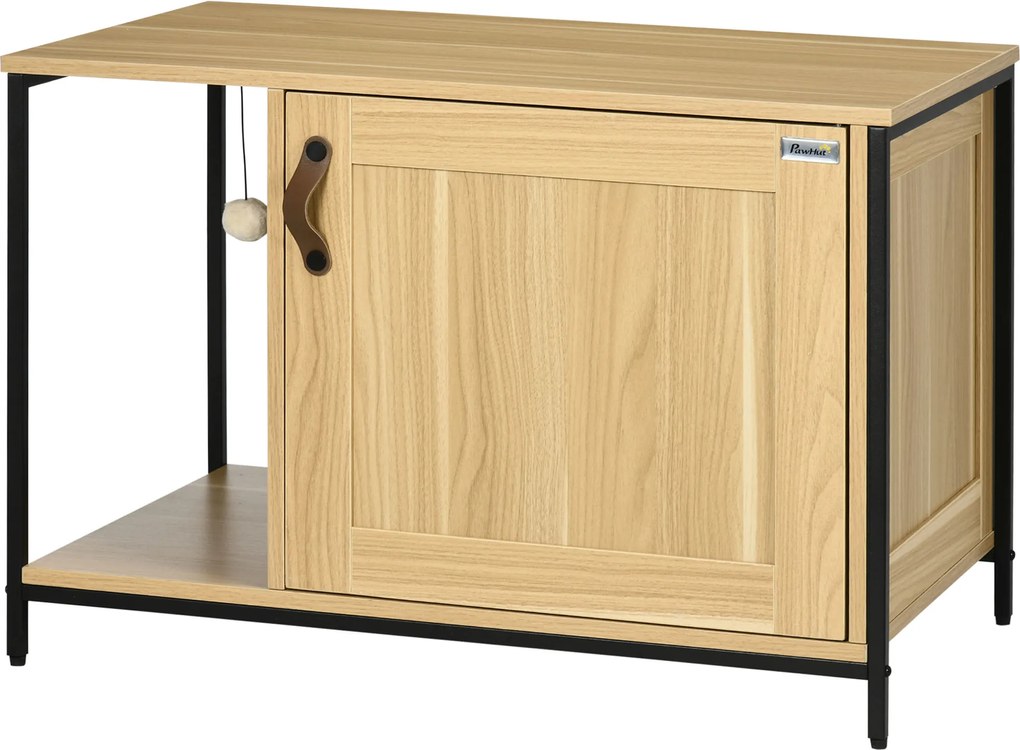 Móvel para Casa de areia para gatos (NÂO INCLUIDA) com porta lateral, bola suspensa e estrutura em aço com acabamento em madeira clara