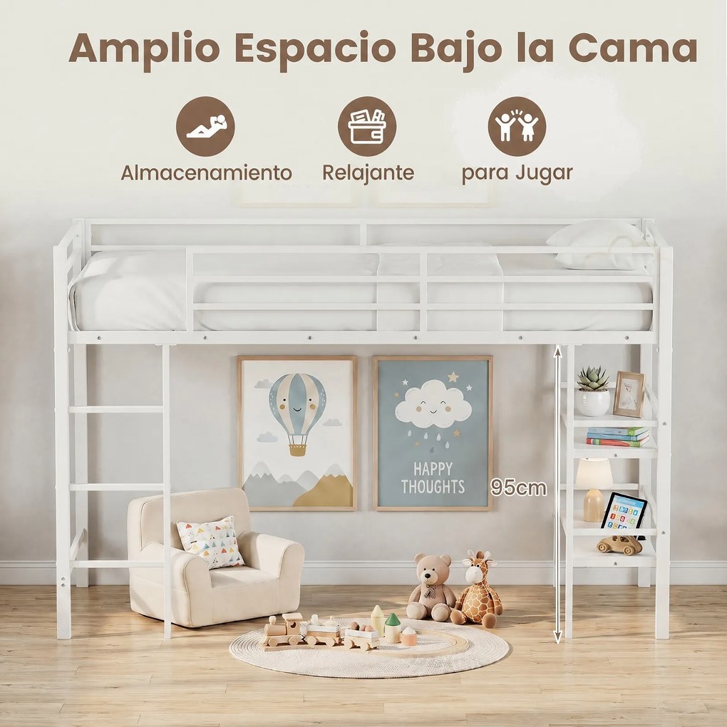 Cama Alta Infantil com Estantes para Arrumação, 196 x 96 x 126 cm (COLCHÃO NÃO INCLUIDO), Estrutura Metálica Reforçada, Branco