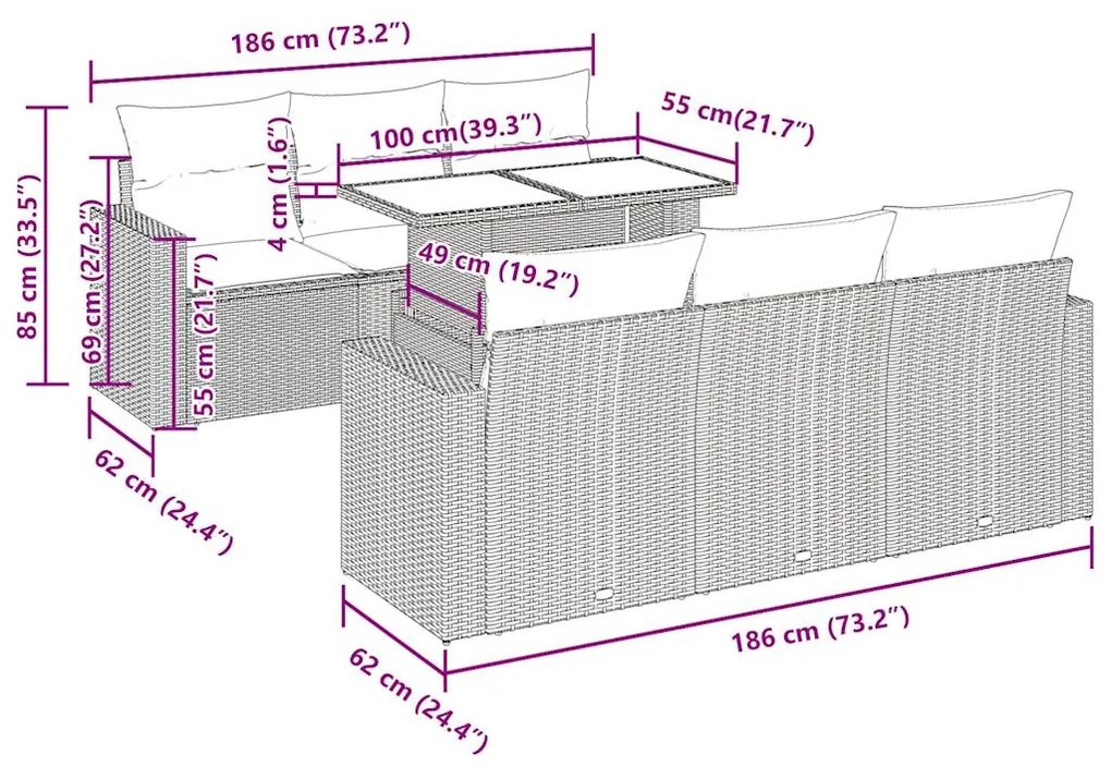 7 pcs conj. sofás jardim com almofadões vime PE cinzento-claro