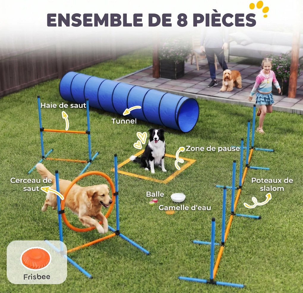 Conjunto de agilidade para cães 350 x 68 x 70 cm de 8 peças com túnel, slaloms, obstáculos ajustáveis e saco de transporte laranja, azul