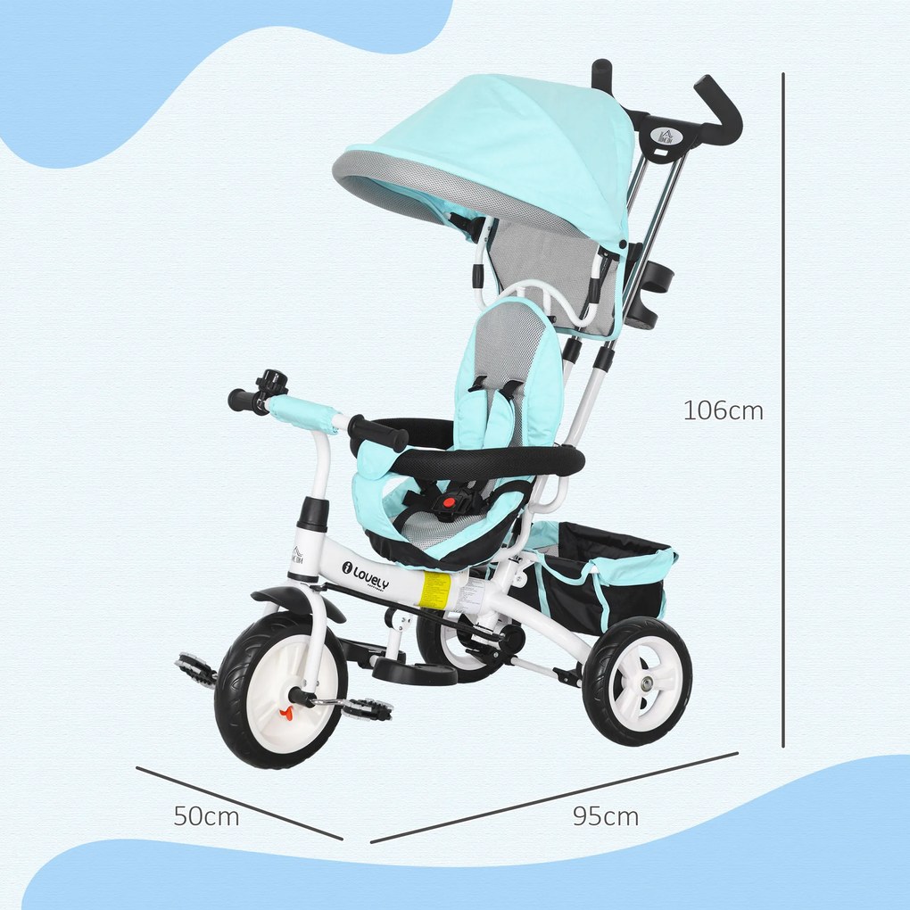 Triciclo Evolutivo para Bebés de +12 Meses 2 em 1 com Toldo Dobrável Guiador Cinto de Segurança e Cesto 95x50x106 cm Verde Mint