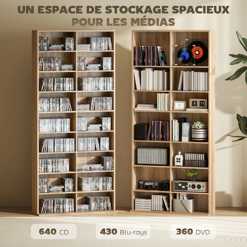 Organizador para CD e DVD com 18 compartimentos, capacidade máxima de 640 CD/360 DVD/430 Blu-ray, 78,5 x 24 x 175 cm, madeira natural