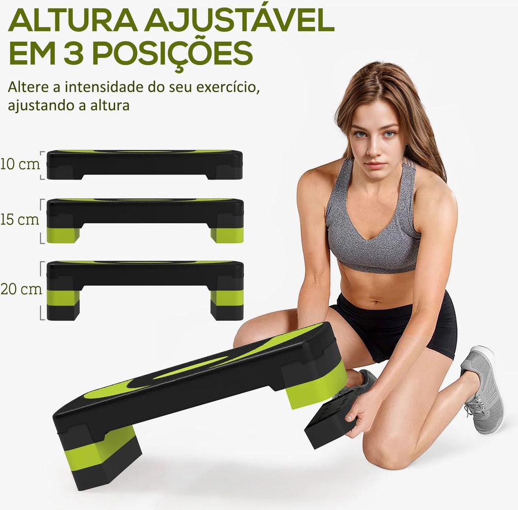 Step para Exercício Aeróbico Plataforma Step com Altura Ajustável em 3 Níveis 80x31x10-20 cm Verde e Preto