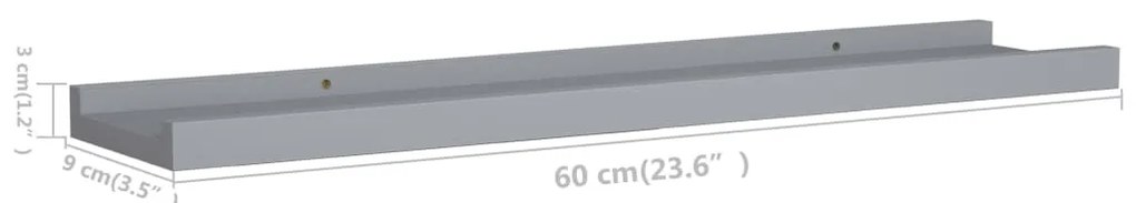 Unidade de prateleiras com rebordo 2 pcs 60x9x3 cm MDF cinzento
