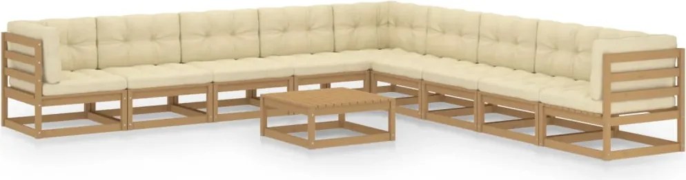 vidaXL 10 pcs conj. lounge jardim almofadões pinho maciço castanho mel