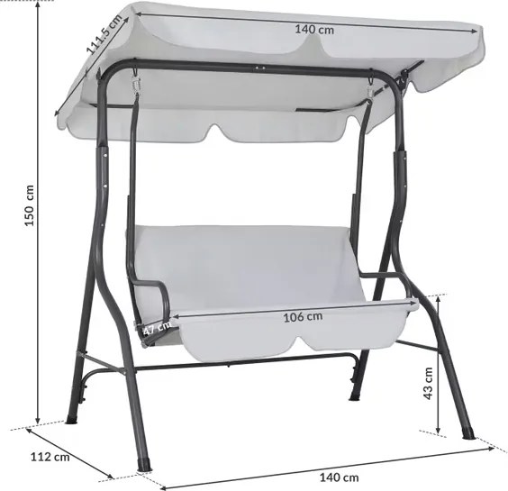 Baloiço Jardim Hollywood 140 x 112 x 150 cm com cobertura solar cinzento-claro